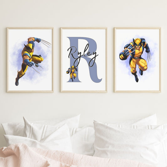 Set of 3 Personalised Girl/boy Nursery bedroom Print / Wolverine marvel A5 A4 A3