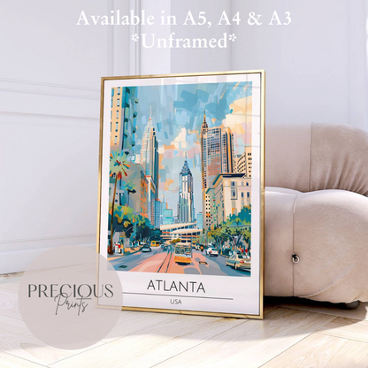 USA, Atlanta Travel Print Poster / Vintage Wall Art / A5 A4 A3 / Unframed