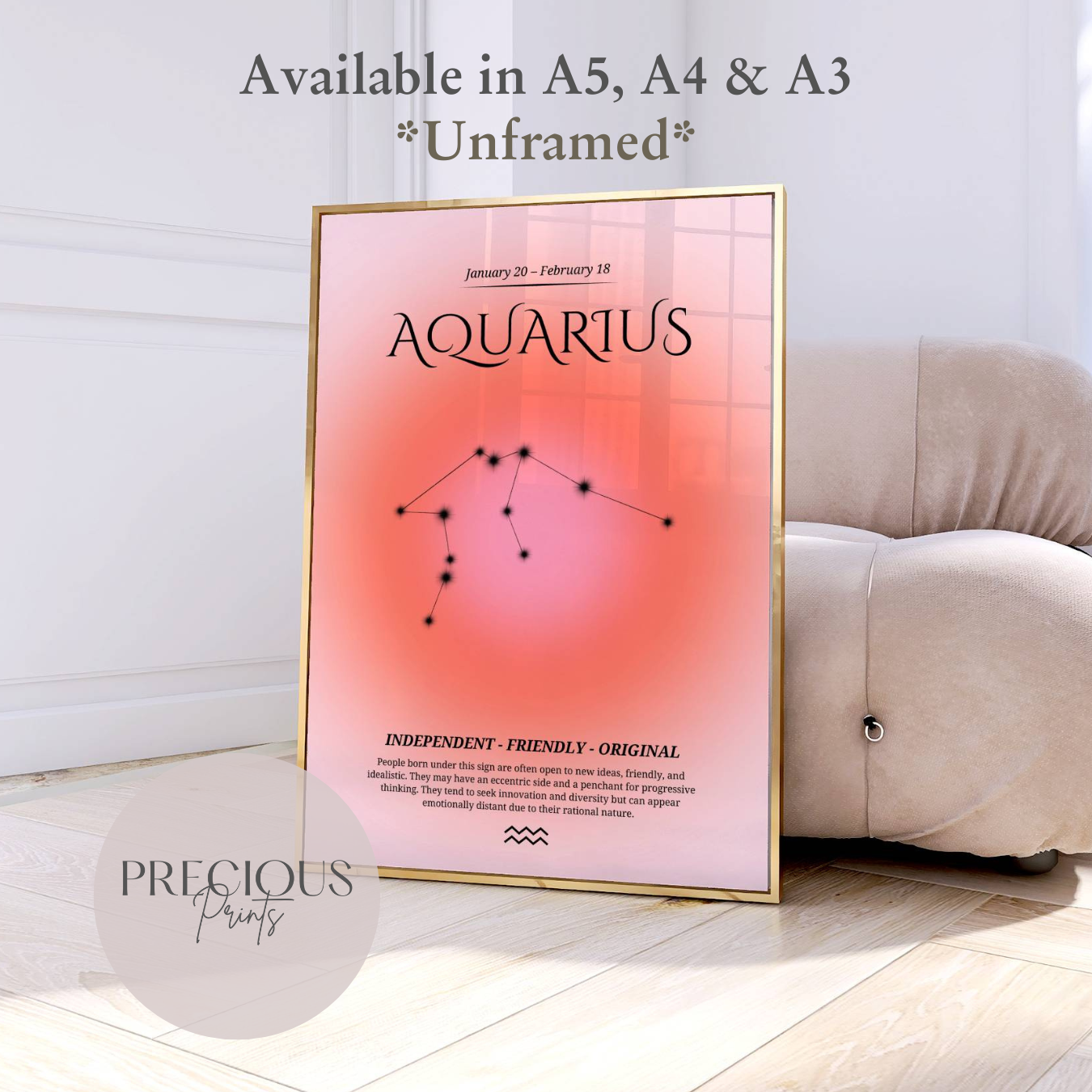 Aquarius Zodiac Print / Preppy Trendy Wall Art Poster / A5 A4 A3 Unframed Pink