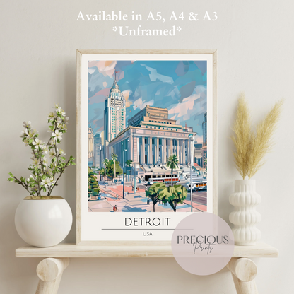 USA, Detroit Travel Print Poster / Vintage Wall Art / A5 A4 A3