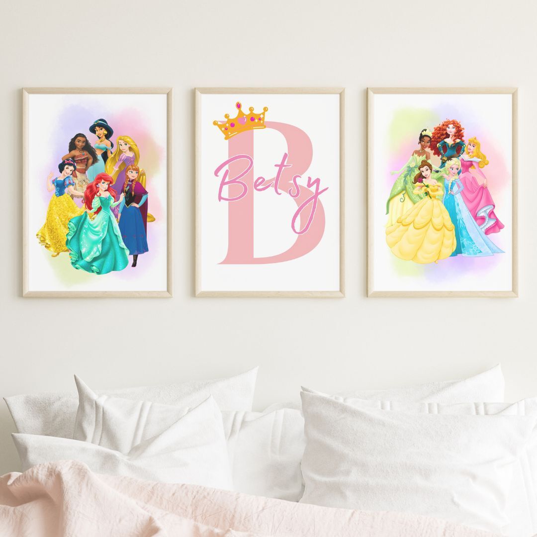 Set of 3 Personalised Princess bedroom Prints / All the Princess Poster A5 A4 A3