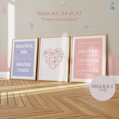Set of 3 Girls Tweens Affirmation print A5 A4 A3 Unframed Floral Pretty