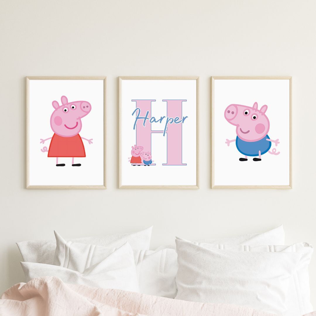 Set of 3 Personalised Girl/boy Nursery bedroom Print / Peppa Pig A5 A4 A3