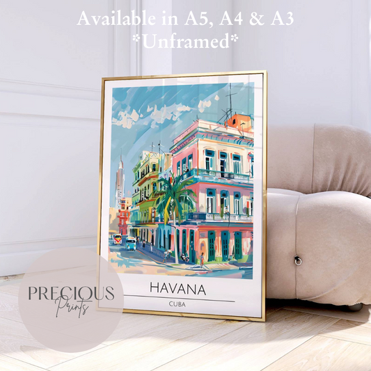 Cuba, Havana Travel Print Poster / Vintage Wall Art / A5 A4 A3 / Unframed