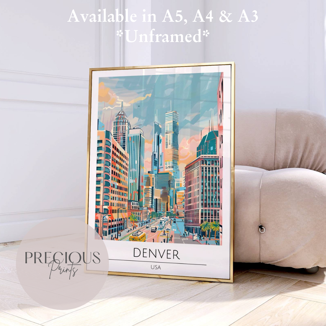 USA, Denver Travel Print Poster / Vintage Wall Art / A5 A4 A3 / Unframed