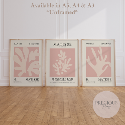 Set of 3 Pink Matisse Prints A5 A4 A3 Wall Art Gallery Decor