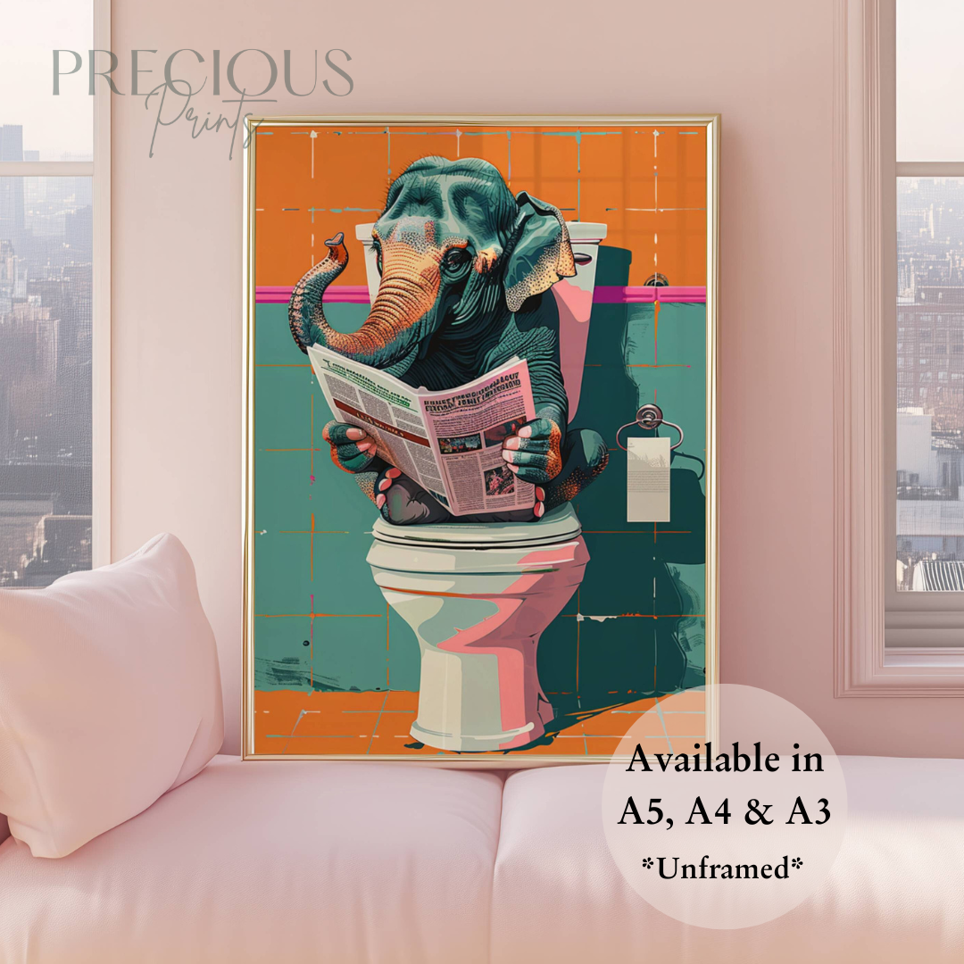 Elephant on Toilet Print / Funny Art Poster / Humour / Pop Art / Trendy A5 A4 A3