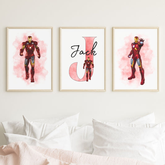 Set of 3 Personalised Girl/boy Nursery bedroom Print / Ironman Marvel A5 A4 A3