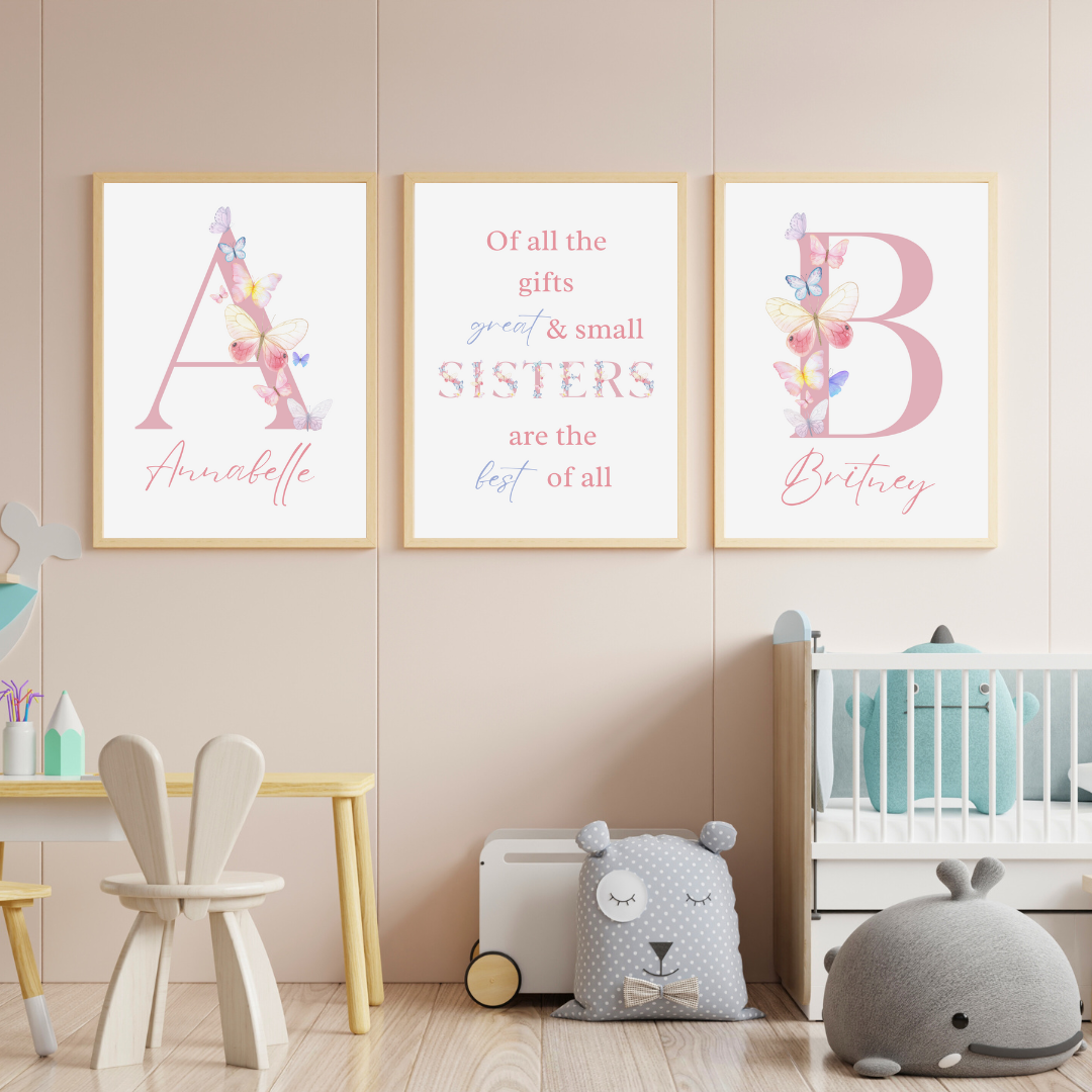 Set of 3 Sisters Personalised Butterflies Child bedroom Nursery Print / A5 A4 A3