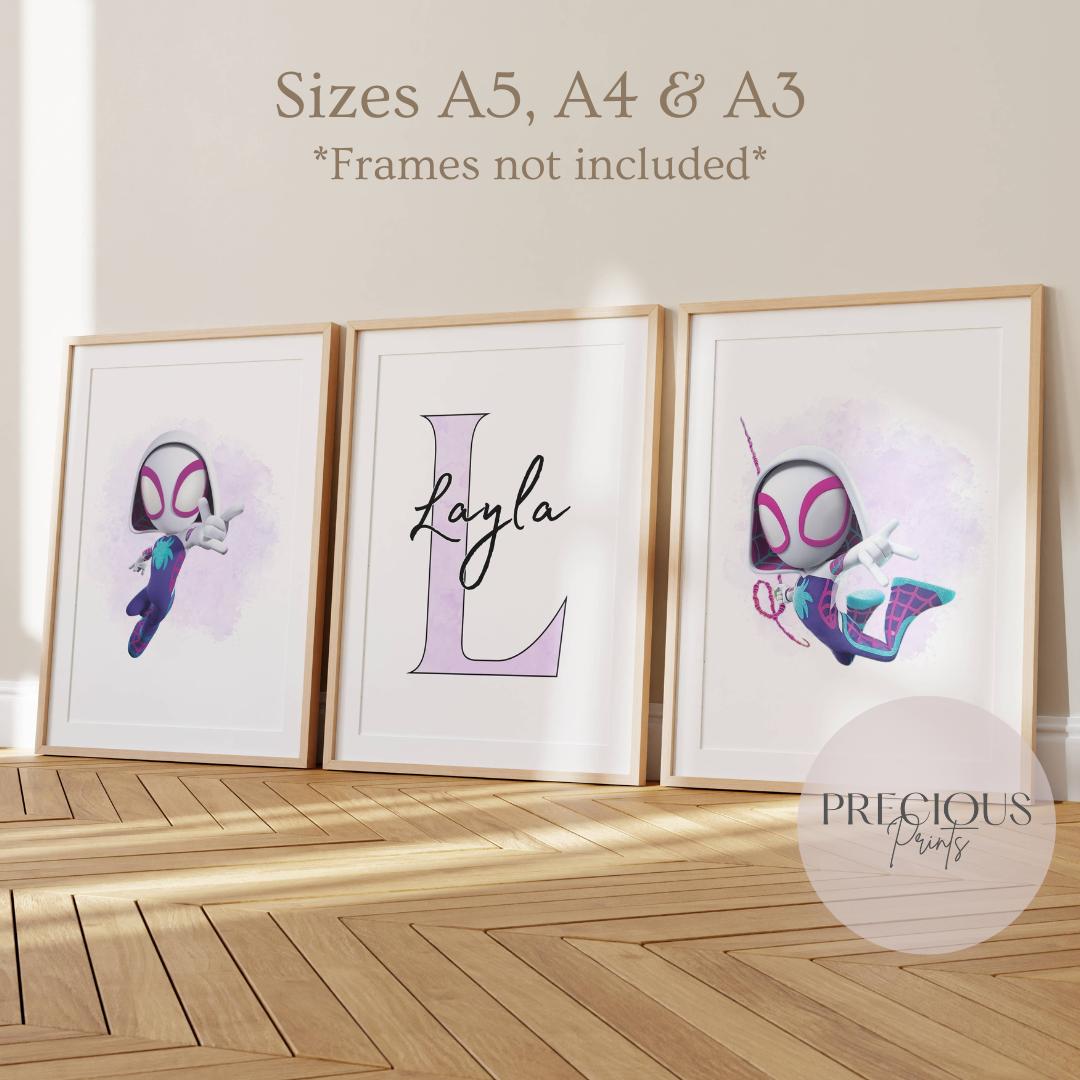 Set of 3 Gwen Ghost Spider Spidey Childrens Personalised Print / A5 A4 A3