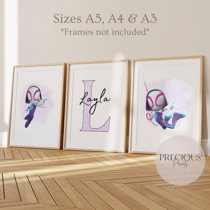 Set of 3 Gwen Ghost Spider Spidey Childrens Personalised Print / A5 A4 A3