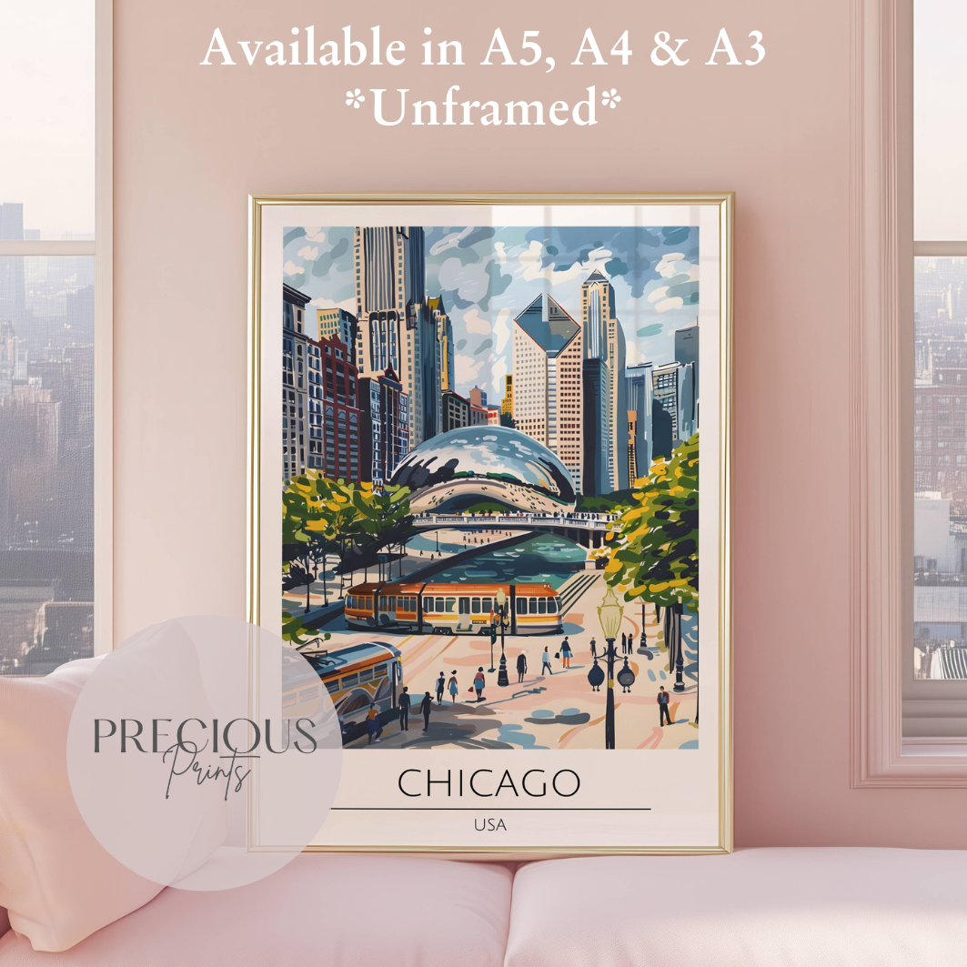 USA, Chicago Travel Print Poster / Vintage Wall Art / A5 A4 A3