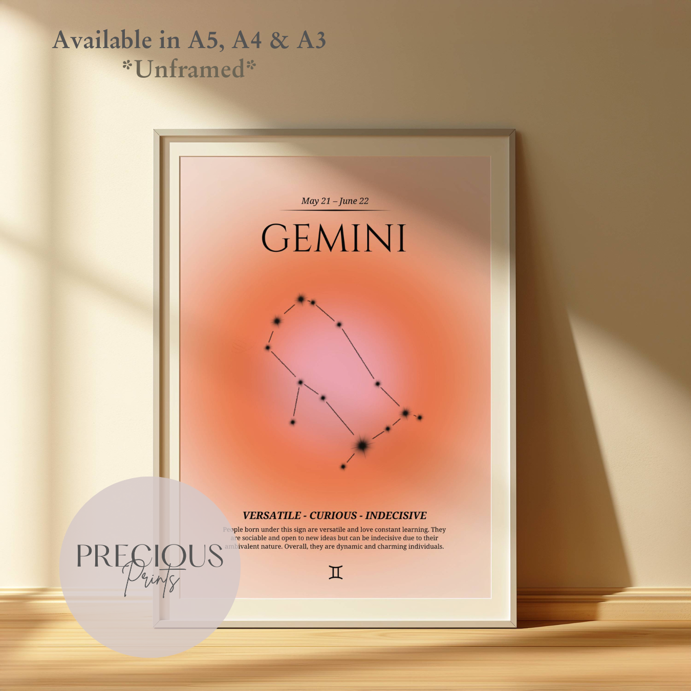 Gemini Zodiac Print / Preppy Trendy Wall Art Poster / A5 A4 A3 Unframed Pink