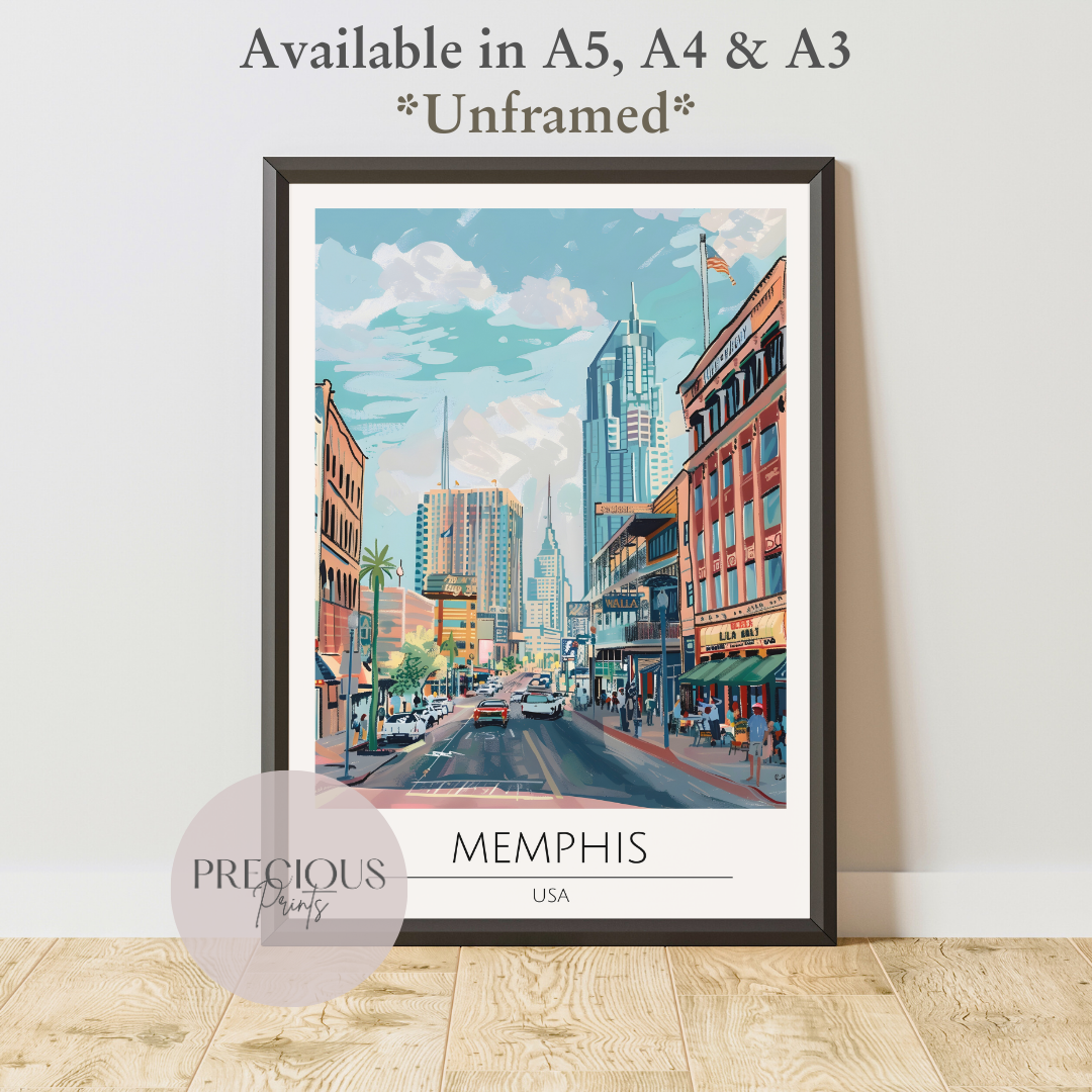 USA, Memphis Travel Print Poster / Vintage Wall Art / A5 A4 A3