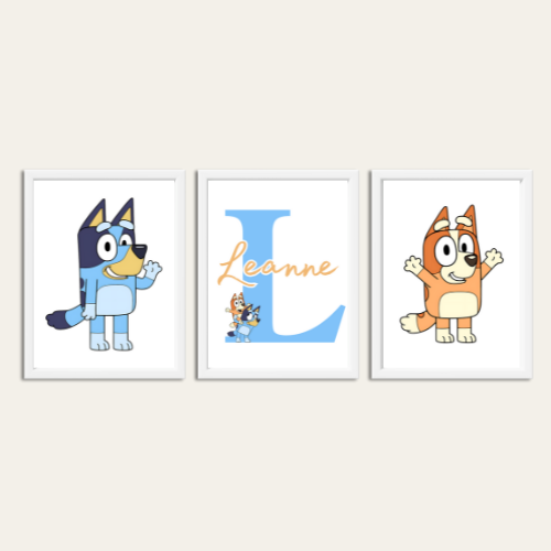 Set of 3 Personalised Girl/boy Nursery bedroom Print / Bluey Bingo A5 A4 A3