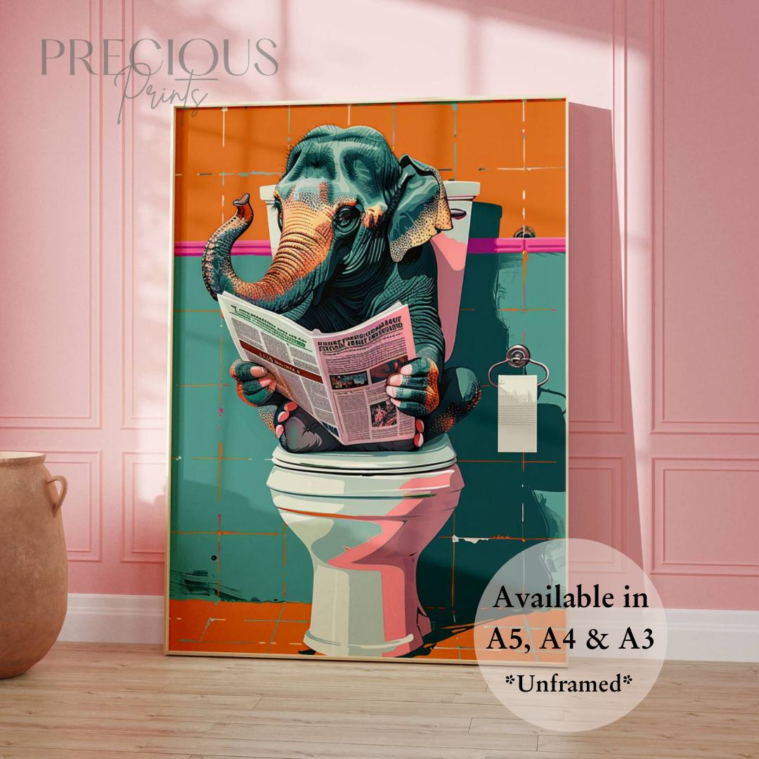 Elephant on Toilet Print / Funny Art Poster / Humour / Pop Art / Trendy A5 A4 A3