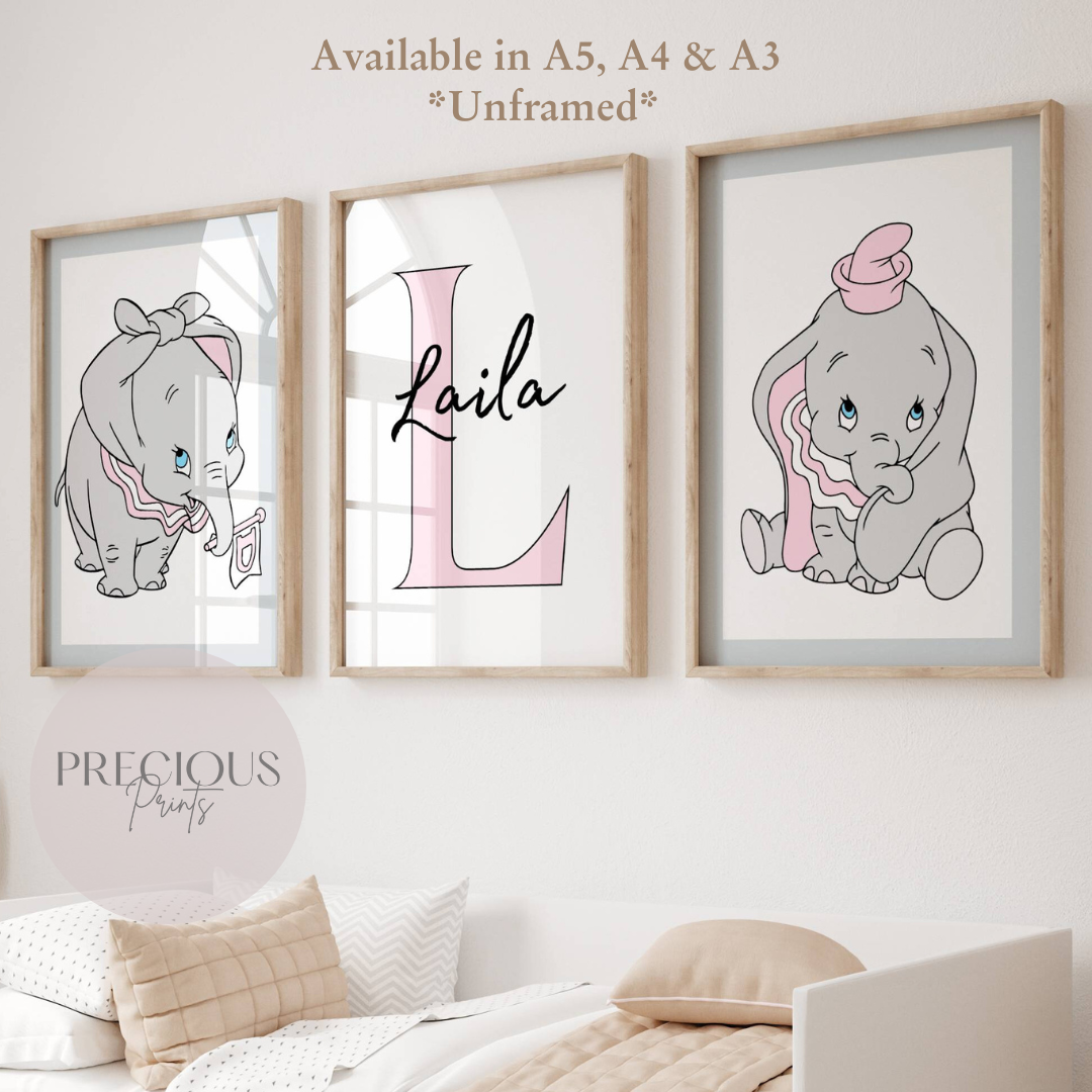 Set of 3 Personalised Dumbo Nursery Prints / Girls Poster / A5 A4 A3 / Gloss