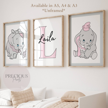 Set of 3 Personalised Dumbo Nursery Prints / Girls Poster / A5 A4 A3 / Gloss