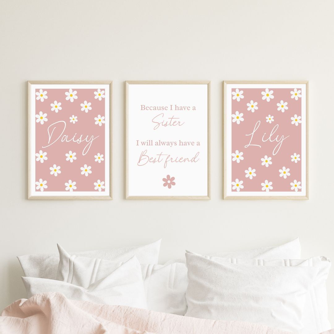 Childrens Personalised print - Floral Daisys A5 A4 A3 Sisters Best friends