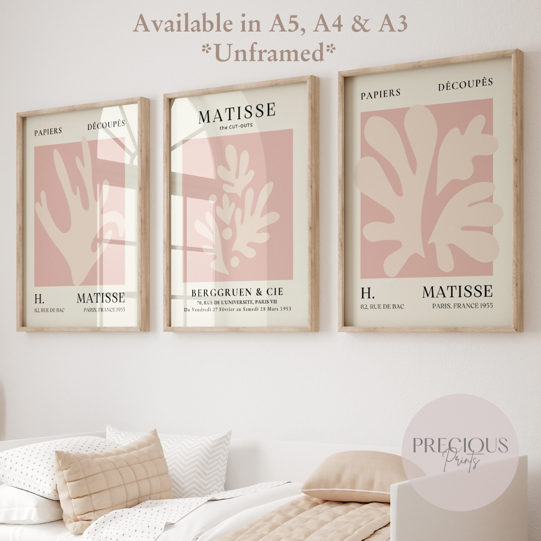 Set of 3 Pink Matisse Prints A5 A4 A3 Wall Art Gallery Decor