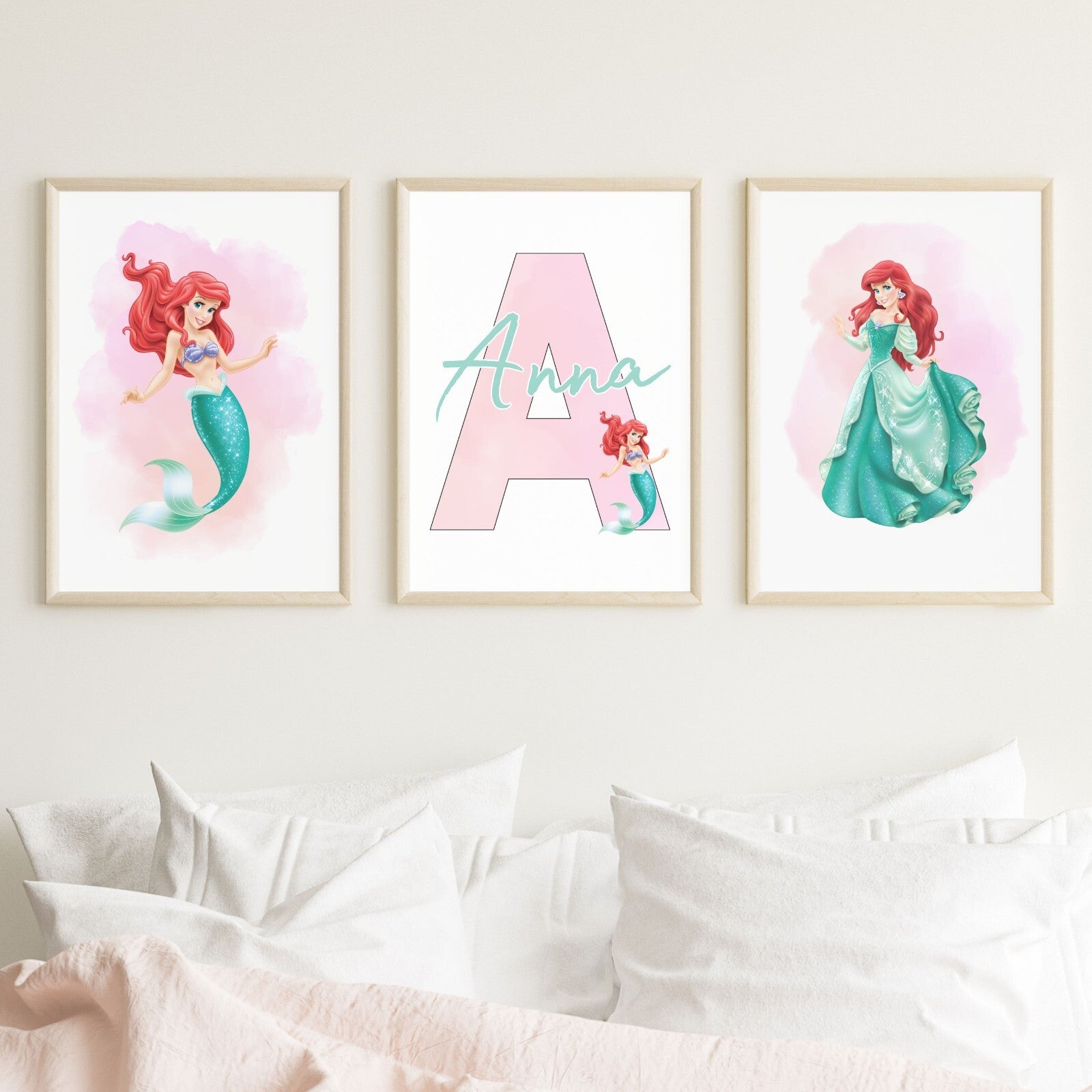 Set of 3 Personalised bedroom Prints / Princess Ariel Little Mermaid A5 A4 A3