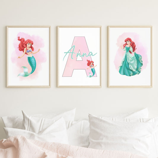 Set of 3 Personalised bedroom Prints / Princess Ariel Little Mermaid A5 A4 A3
