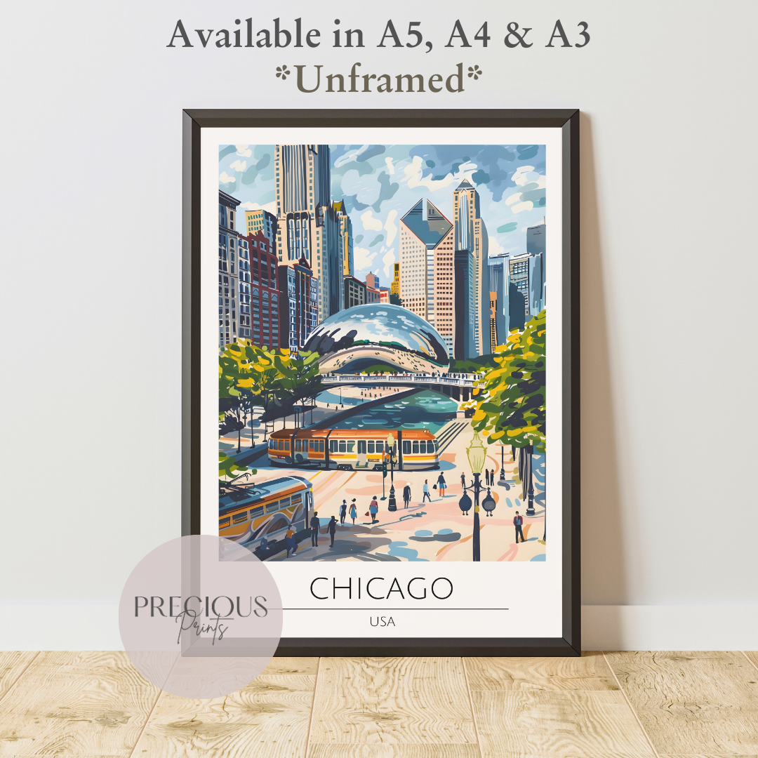 USA, Chicago Travel Print Poster / Vintage Wall Art / A5 A4 A3