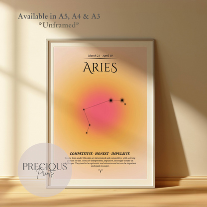 Aries Zodiac Print / Preppy Trendy Wall Art Poster / A5 A4 A3 Unframed