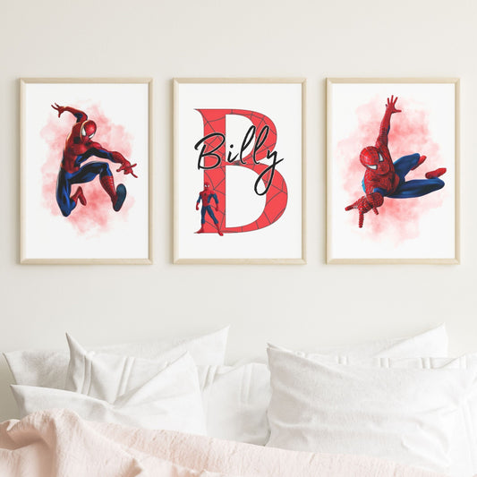 Set of 3 Personalised Girl/boy Nursery bedroom Print / Spiderman A5 A4 A3