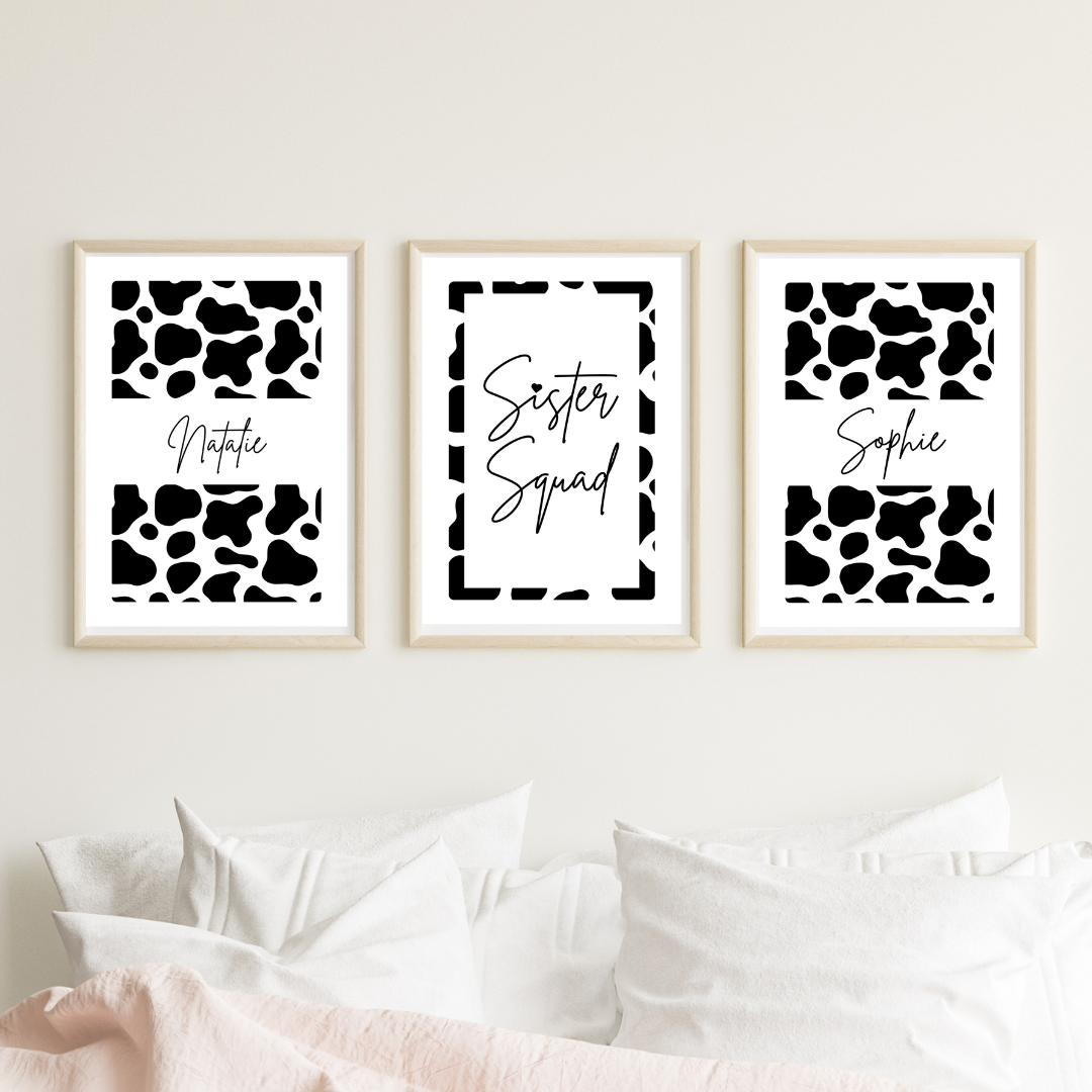Set of 3 Sister Squad Cow Pattern Print Personalised bedroom Print / Preppy