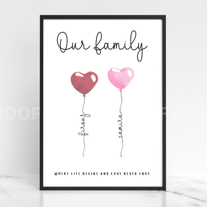 Personalised Valentines Gift Family Print Balloon Family Print Wedding A5 A4 A3