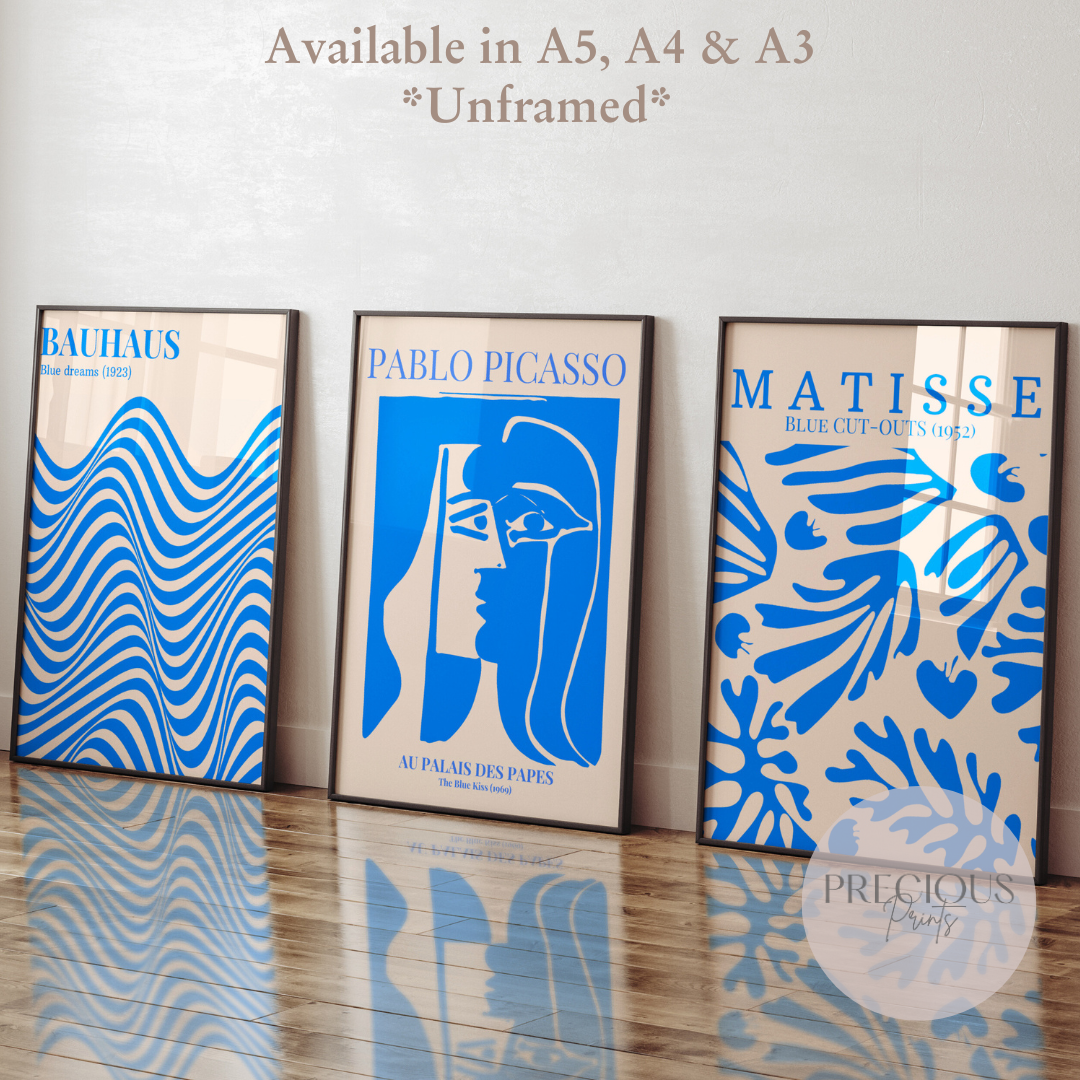 Set of 3 Blue Bauhaus Matisse Picasso Prints A5 A4 A3 Wall Art Gallery Decor