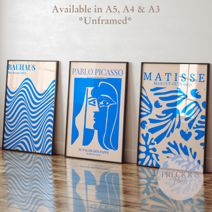 Set of 3 Blue Bauhaus Matisse Picasso Prints A5 A4 A3 Wall Art Gallery Decor