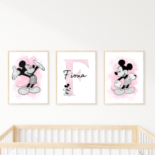 Set of 3 Personalised Girl/boy Nursery bedroom Print / Mickey Mouse A5 A4 A3