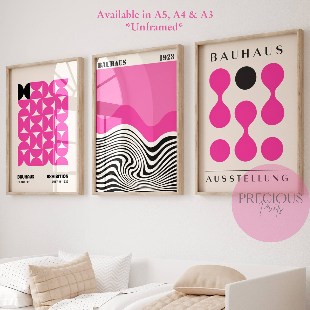 Set of 3 Pink Bauhaus Prints A5 A4 A3 Art Exhibition Fuchsia Pink Poster