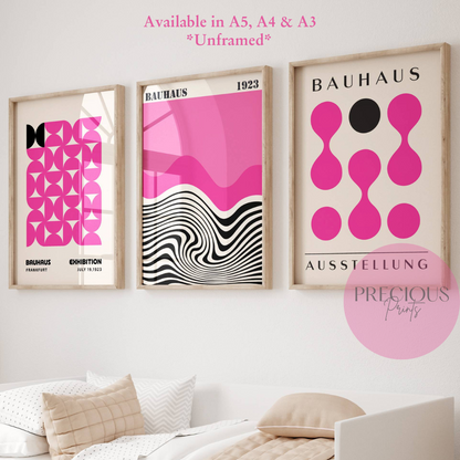 Set of 3 Pink Bauhaus Prints A5 A4 A3 Art Exhibition Fuchsia Pink Poster
