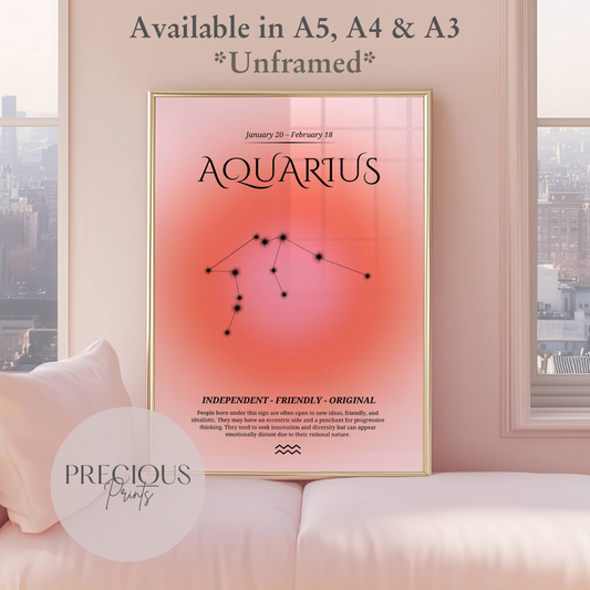 Aquarius Zodiac Print / Preppy Trendy Wall Art Poster / A5 A4 A3 Unframed Pink