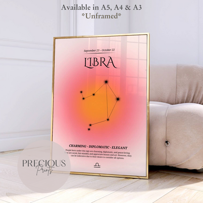 Libra Zodiac Print / Preppy Trendy Wall Art Poster / A5 A4 A3 Unframed Pink