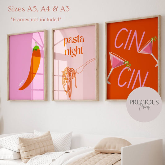 Set of 3 Cin cin Pasta Night Kitchen Bar Trendy Art Modern Print Preppy