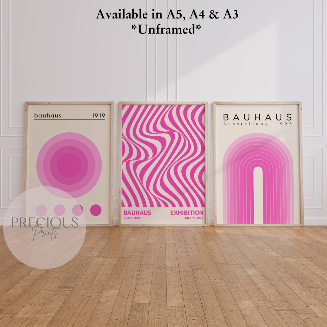 Set of 3 Bauhaus Prints A5 A4 A3 Art Exhibition Hot Pink Trendy Preppy Poster