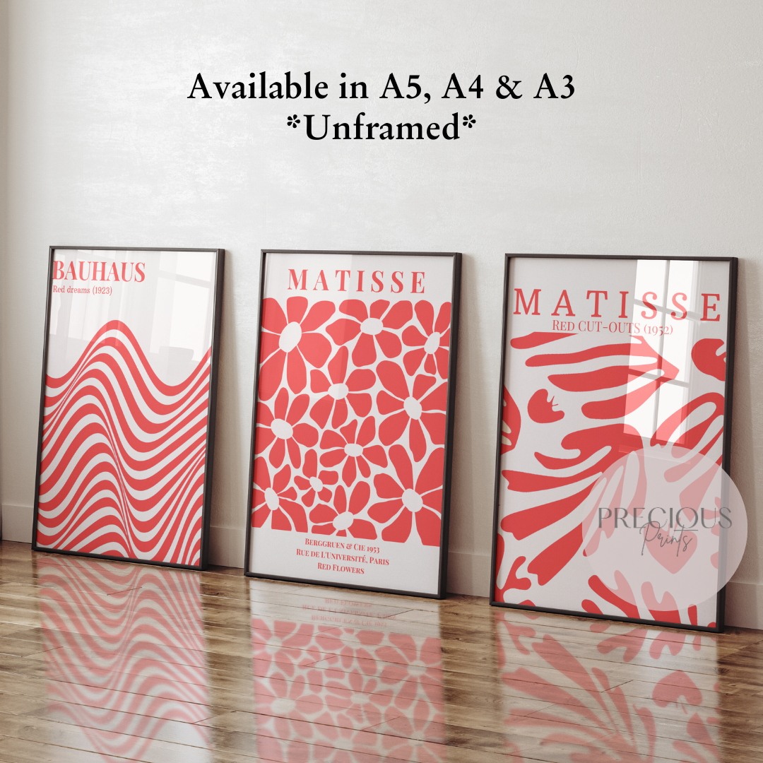 Set of 3 Red Bauhaus Matisse Prints A5 A4 A3 Art Exhibition Art Prints