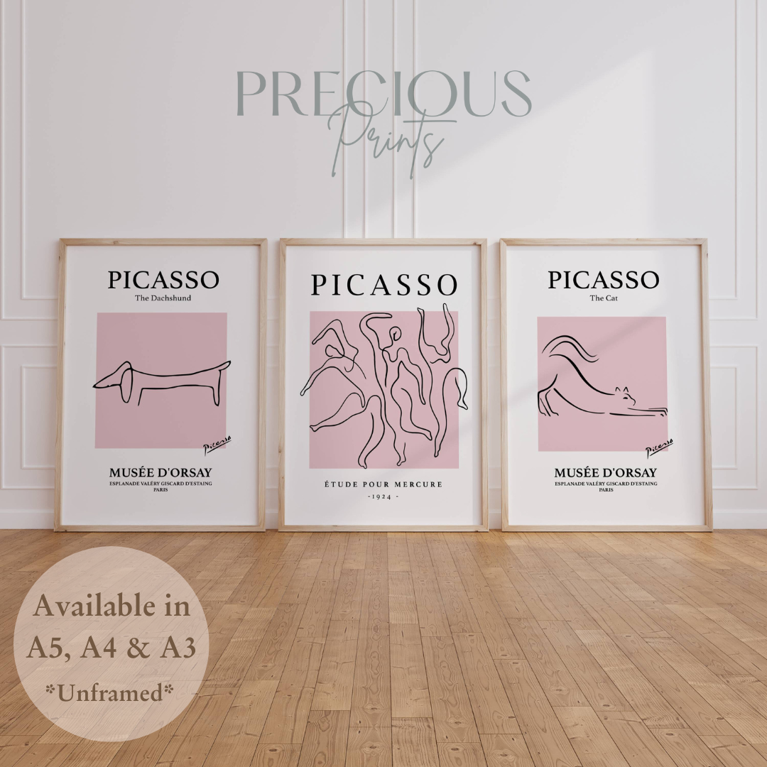 Set of 3 Pink Picasso Dancers Cat, Dachshund Morris Prints Art Gallery Decor