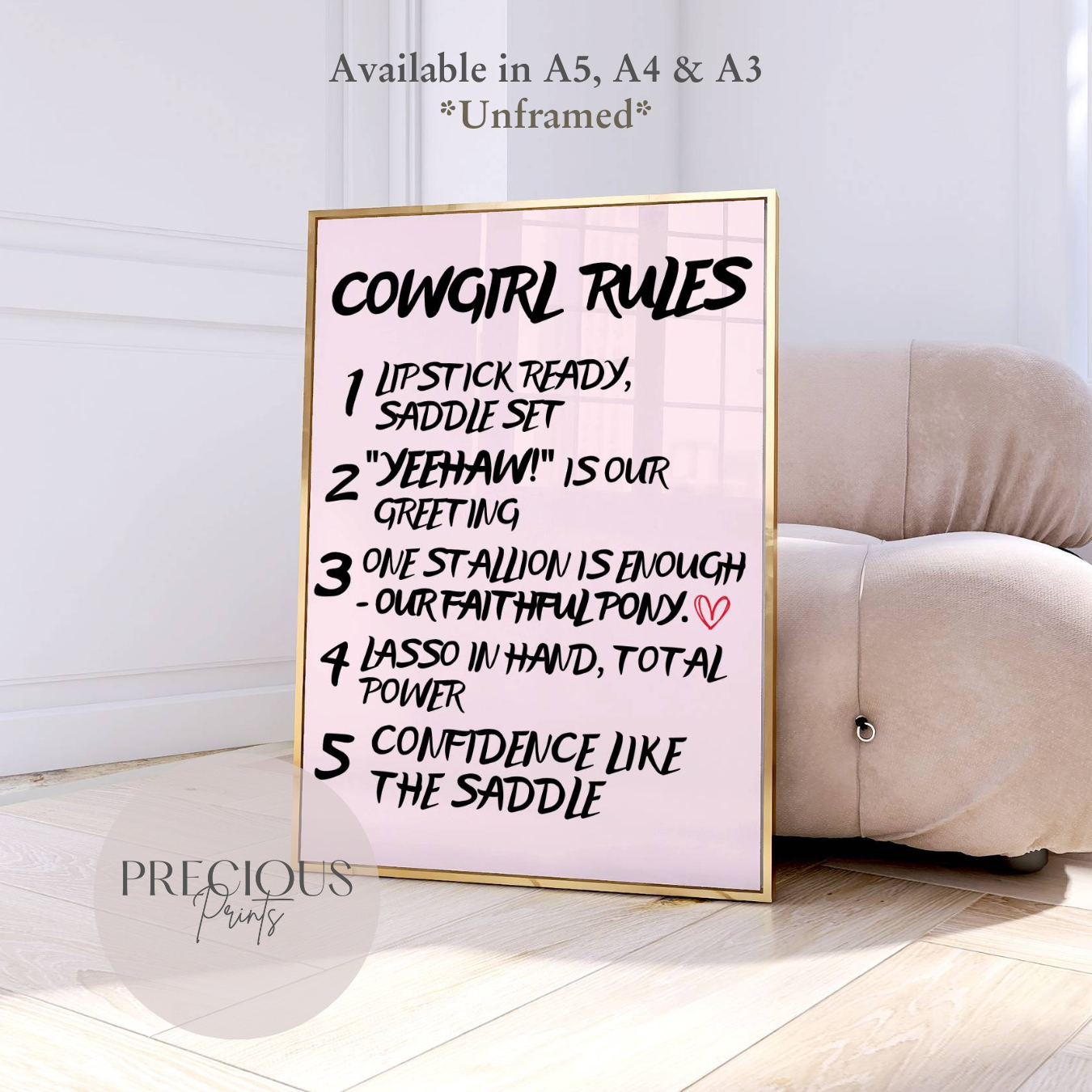 Preppy Cowgirl Rules Poster / Trendy Wall Art / Pink Girly Art print / A5 A4 A3