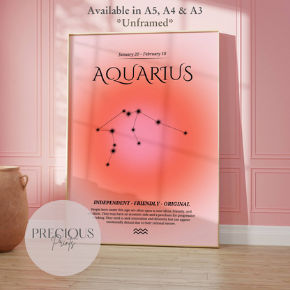 Aquarius Zodiac Print / Preppy Trendy Wall Art Poster / A5 A4 A3 Unframed Pink