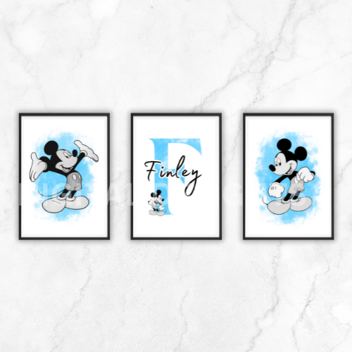 Set of 3 Personalised Girl/boy Nursery bedroom Print / Mickey Mouse A5 A4 A3