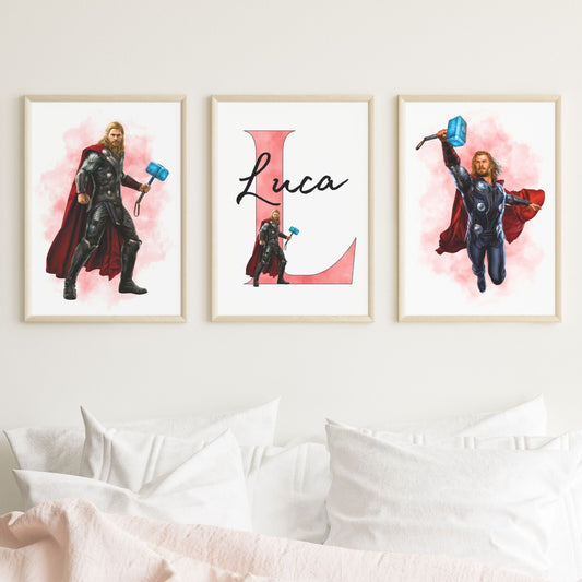 Set of 3 Personalised Girl/boy Nursery bedroom Print / Thor Marvel A5 A4 A3