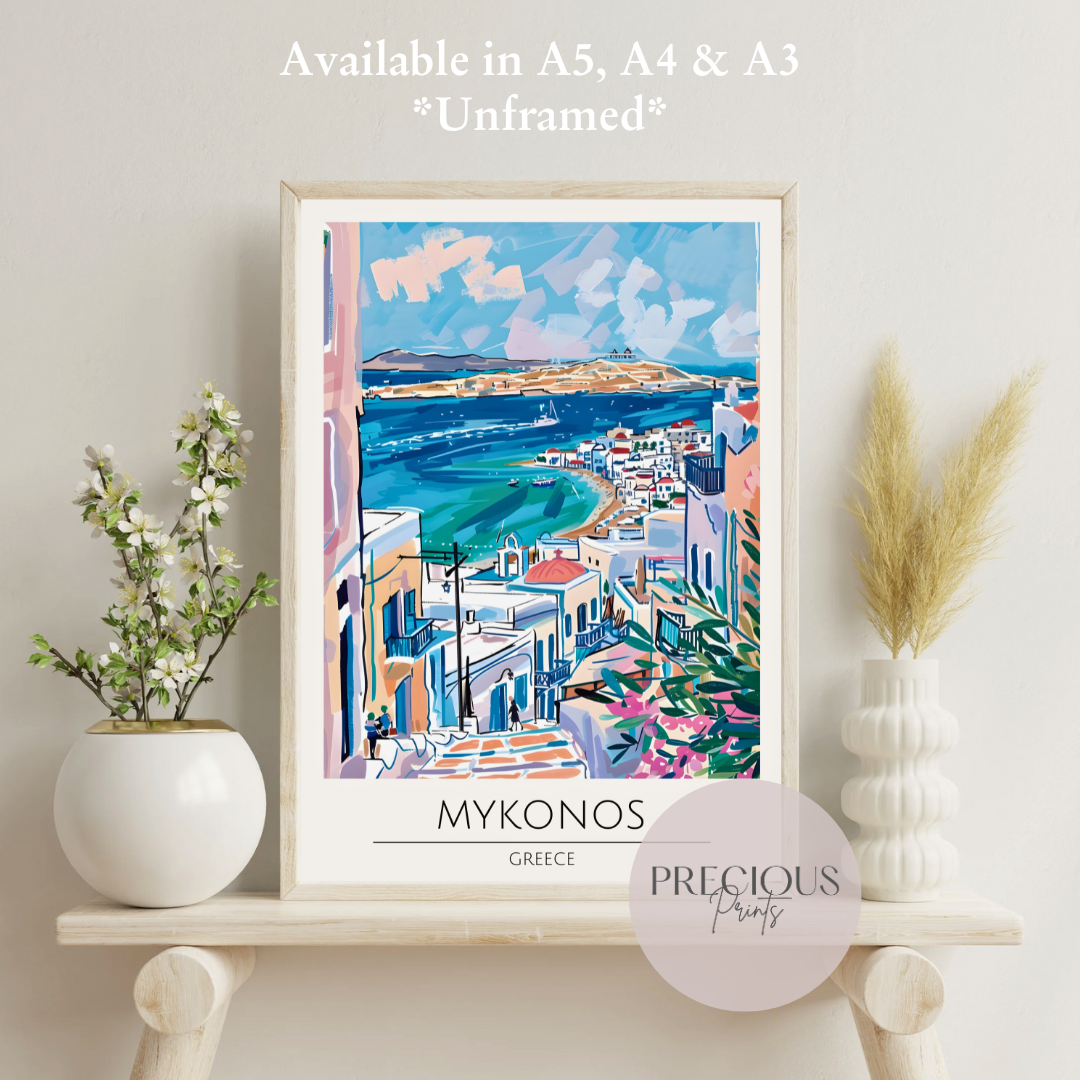 Greece, Mykonos Travel Print Poster / Vintage Wall Art / A5 A4 A3 / Unframed