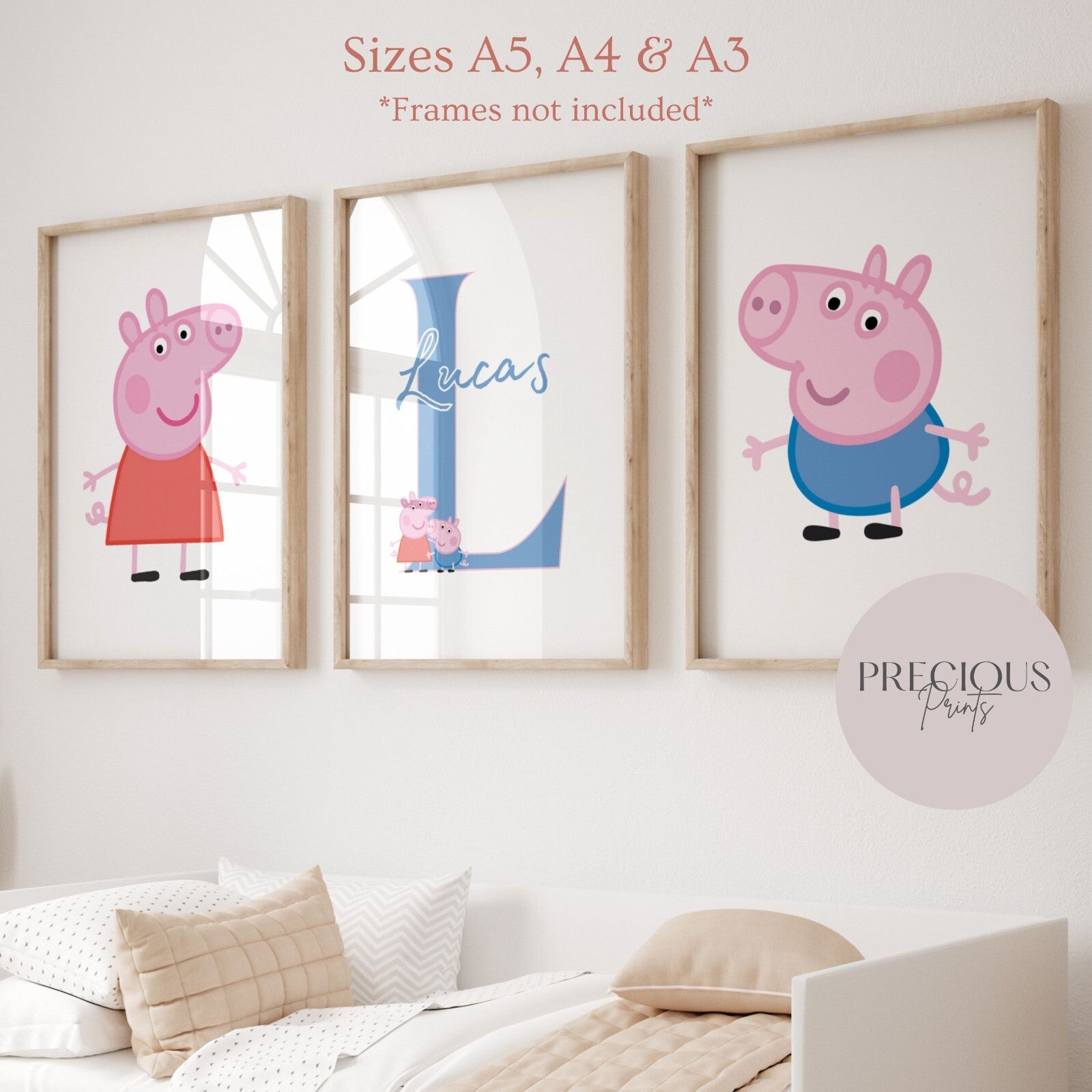 Set of 3 Personalised Girl/boy Nursery bedroom Print / Peppa Pig A5 A4 A3