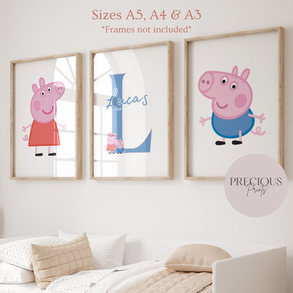 Set of 3 Personalised Girl/boy Nursery bedroom Print / Peppa Pig A5 A4 A3
