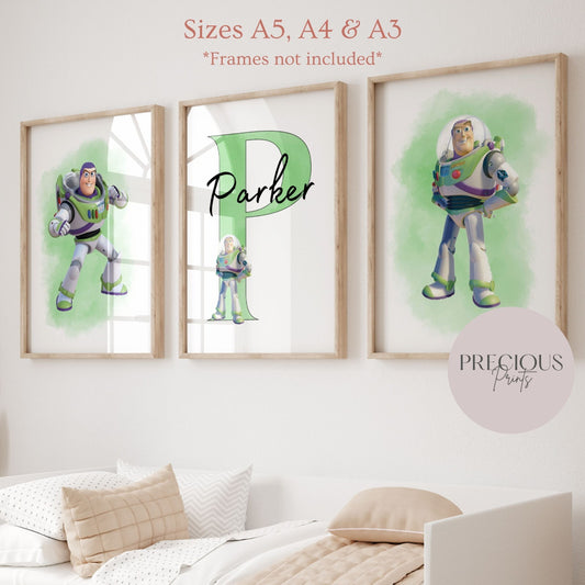 Set of 3 Personalised Nursery bedroom Print / Buzz Lightyear Toy Story A5 A4 A3